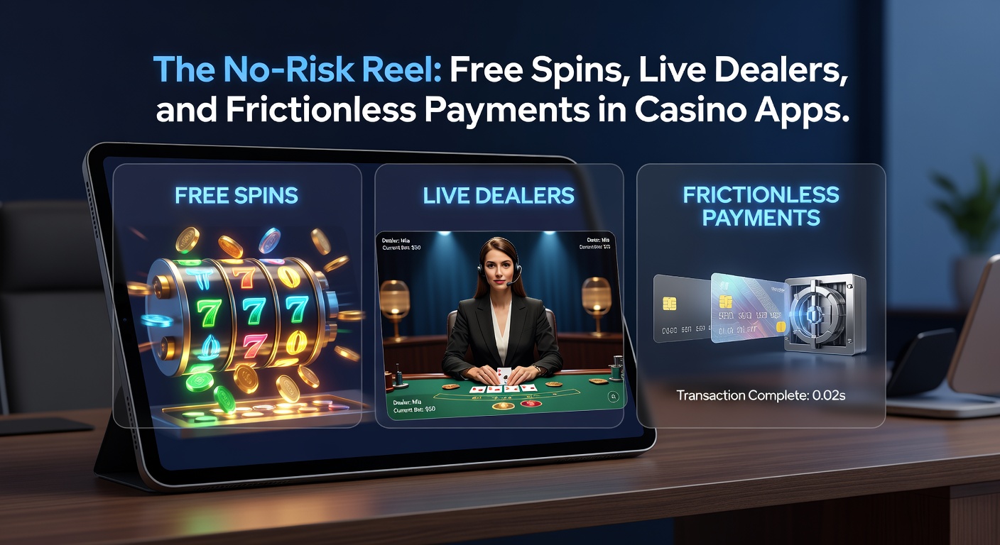 Smartphone mit Casino-App, das Free-Spins und Live-Dealer-Sitzungen zeigt, umgeben von Symbolen für schnelle Zahlungen