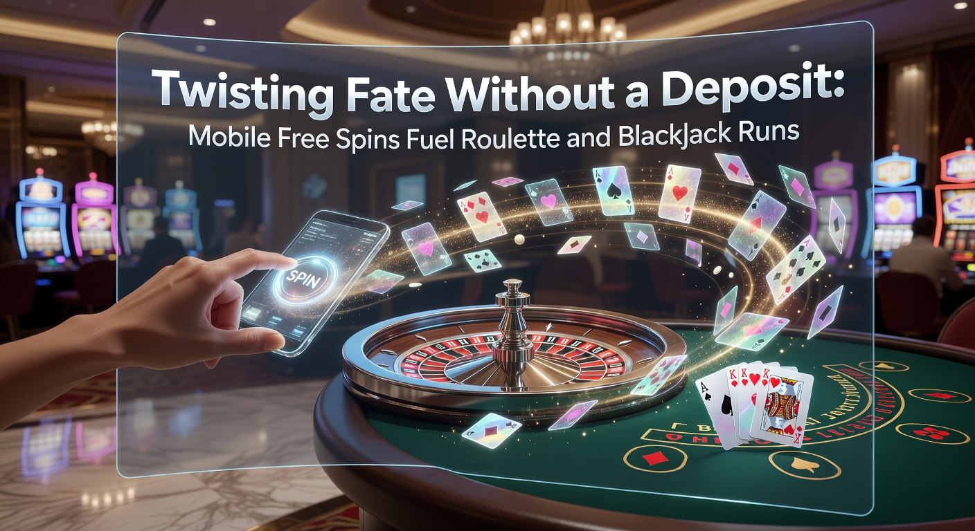 Smartphone mit mobiler Casino-App, die Free Spins auf einem Roulette-Tisch anzeigt, während ein Blackjack-Tisch im Hintergrund leuchtet